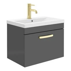 Brooklyn 600mm Gloss Grey Wall Hung 1-Drawer Vanity Unit with Brushed Brass Handle