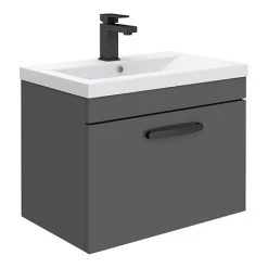 Brooklyn Wall Hung Vanity - Gloss Grey - 600mm Wide 1-Drawer inc. Matt Black Handle