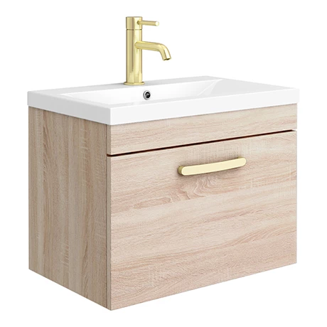 Brooklyn 600mm Natural Oak Wall Hung 1-Drawer Vanity Unit with Brushed Brass Handle 1 Brooklyn 600mm Natural Oak Wall Hung 1-Drawer Vanity Unit with Brushed Brass Handle
