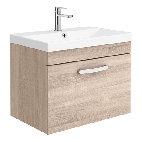 Brooklyn 600 Natural Oak Wall Hung 1-Drawer Vanity Unit with Thin-Edge Basin 1 Brooklyn 600 Natural Oak Wall Hung 1-Drawer Vanity Unit with Thin-Edge Basin