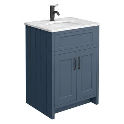 Chatsworth Blue 610mm Vanity with White Marble Basin Top + Matt Black Handles