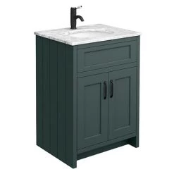 Chatsworth Green 610mm Vanity with White Marble Basin Top + Matt Black Handles