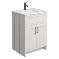 Chatsworth Grey 610mm Vanity with White Marble Basin Top + Matt Black Handles