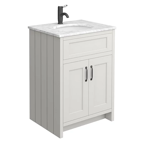 Chatsworth Grey 610mm Vanity with White Marble Basin Top + Matt Black Handles 1 Chatsworth Grey 610mm Vanity with White Marble Basin Top + Matt Black Handles