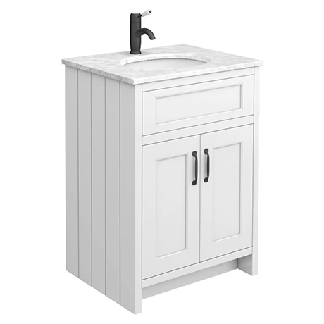 Chatsworth White 610mm Vanity with White Marble Basin Top + Matt Black Handles 1 Chatsworth White 610mm Vanity with White Marble Basin Top + Matt Black Handles