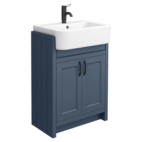 Chatsworth Traditional Blue Semi-Recessed Vanity - 600mm Wide with Matt Black Handles 1 Chatsworth Traditional Blue Semi-Recessed Vanity - 600mm Wide with Matt Black Handles