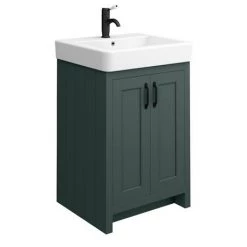 Chatsworth Traditional Green Double Basin Vanity + Cupboard Combination Unit with Matt Black Handles -Vanity Units Sales Store CGRN142PKMB d2 460