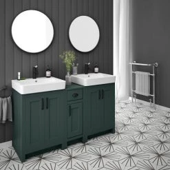 Chatsworth Traditional Green Double Basin Vanity + Cupboard Combination Unit with Matt Black Handles -Vanity Units Sales Store CGRN142PKMB d4 460