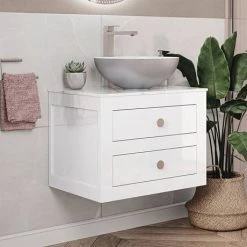 Crosswater Canvass White Gloss 600mm Double Drawer Unit with Carrara Marble Effect Worktop 6 Crosswater Canvass White Gloss 600mm Double Drawer Unit with Carrara Marble Effect Worktop -Vanity Units Sales Store CV600WLWG D3 460