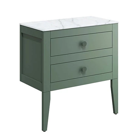 Crosswater Canvass Sage Green 700mm Double Drawer Unit with Carrara Marble Effect Worktop 1 Crosswater Canvass Sage Green 700mm Double Drawer Unit with Carrara Marble Effect Worktop