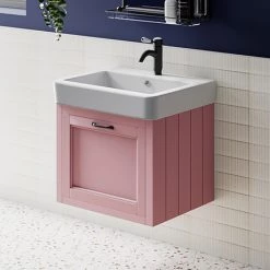 Chatsworth Traditional Dusky Pink Wall Hung Vanity - 560mm Wide with Matt Black Handle
