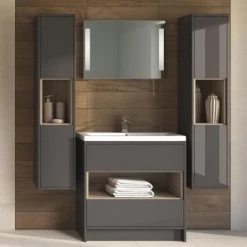 Hudson Reed Coast 600mm Floorstanding 2 Drawer Vanity Unit with Open Shelf & Basin - Grey Gloss/Driftwood -Vanity Units Sales Store Coast 600mm Floorstanding 2 Drawer Vanity Unit with Open Shelf and Basin d2 460