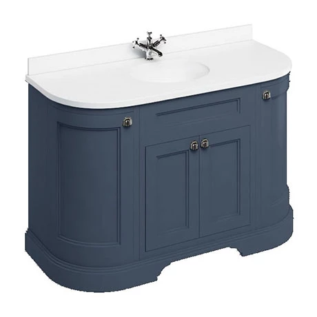 Burlington 134 4-Door Curved Vanity Unit & Minerva White Worktop with Basin - Blue 1 Burlington 134 4-Door Curved Vanity Unit & Minerva White Worktop with Basin - Blue