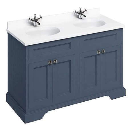 Burlington 130 4-Door Vanity Unit & Minerva White Worktop with Double Basin - Blue 1 Burlington 130 4-Door Vanity Unit & Minerva White Worktop with Double Basin - Blue