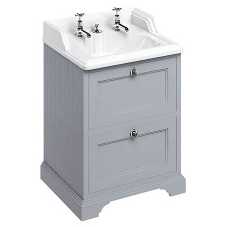 Burlington 65 2-Drawer Vanity Unit & Classic Invisible Overflow/Waste Basin (Classic Grey - 2 Tap Hole) 1 Burlington 65 2-Drawer Vanity Unit & Classic Invisible Overflow/Waste Basin (Classic Grey - 2 Tap Hole)