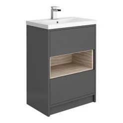 Haywood 600mm Gloss Grey / Driftwood 2 Drawer Vanity Unit with Open Shelf + Ceramic Basin