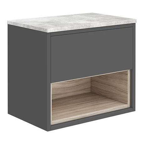 Haywood Gloss Grey / Driftwood Wall Hung Countertop Vanity - 600mm w. Open Shelf + Bellato Grey Worktop 1 Haywood Gloss Grey / Driftwood Wall Hung Countertop Vanity - 600mm w. Open Shelf + Bellato Grey Worktop