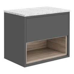 Haywood Gloss Grey / Driftwood Wall Hung Countertop Vanity - 600mm w. Open Shelf + White Worktop