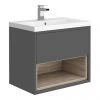 Haywood 600mm Gloss Grey / Driftwood Wall Hung Vanity Unit with Open Shelf + Ceramic Basin