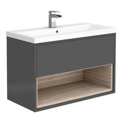 Haywood 800mm Gloss Grey / Driftwood Wall Hung Vanity Unit with Open Shelf + Ceramic Basin