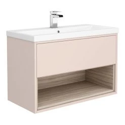 Haywood 800mm Matt Pink / Driftwood Wall Hung Vanity Unit with Open Shelf + Ceramic Basin