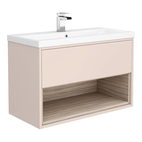 Haywood 800mm Matt Pink / Driftwood Wall Hung Vanity Unit with Open Shelf + Ceramic Basin 1 Haywood 800mm Matt Pink / Driftwood Wall Hung Vanity Unit with Open Shelf + Ceramic Basin