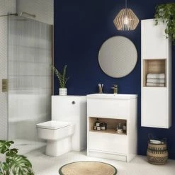 Haywood 600mm Gloss White / Natural Oak 2 Drawer Vanity Unit with Open Shelf + Ceramic Basin -Vanity Units Sales Store HYWFS6 d2 460