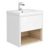 Haywood 500mm Gloss White / Natural Oak Wall Hung Vanity Unit with Open Shelf + Ceramic Basin