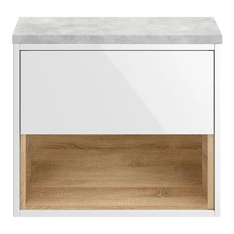 Haywood Gloss White / Natural Oak Wall Hung Countertop Vanity - 600mm w. Open Shelf + Bellato Grey Worktop 2 Haywood Gloss White / Natural Oak Wall Hung Countertop Vanity - 600mm w. Open Shelf + Bellato Grey Worktop - Image 2
