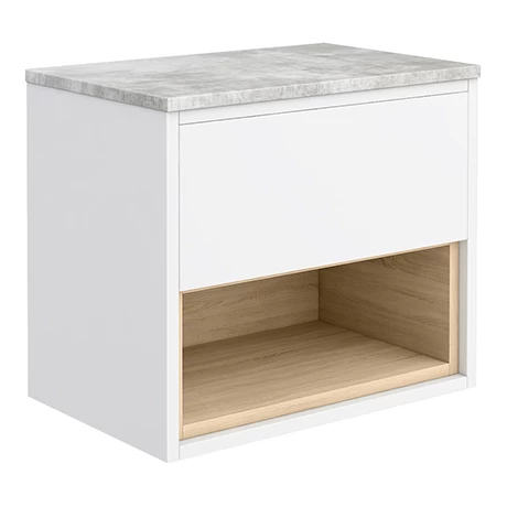 Haywood Gloss White / Natural Oak Wall Hung Countertop Vanity - 600mm w. Open Shelf + Bellato Grey Worktop 1 Haywood Gloss White / Natural Oak Wall Hung Countertop Vanity - 600mm w. Open Shelf + Bellato Grey Worktop