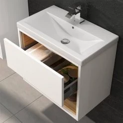 Haywood 600mm Gloss White / Natural Oak Wall Hung Vanity Unit with Open Shelf + Ceramic Basin 8 Haywood 600mm Gloss White / Natural Oak Wall Hung Vanity Unit with Open Shelf + Ceramic Basin -Vanity Units Sales Store HYWWH6 detail2n 460