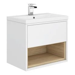 Haywood 600mm Gloss White / Natural Oak Wall Hung Vanity Unit with Open Shelf + Ceramic Basin