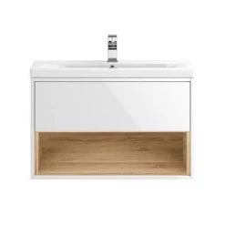 Haywood 800mm Gloss White / Natural Oak Wall Hung Vanity Unit with Open Shelf + Ceramic Basin 5 Haywood 800mm Gloss White / Natural Oak Wall Hung Vanity Unit with Open Shelf + Ceramic Basin -Vanity Units Sales Store HYWWH8 d2 460