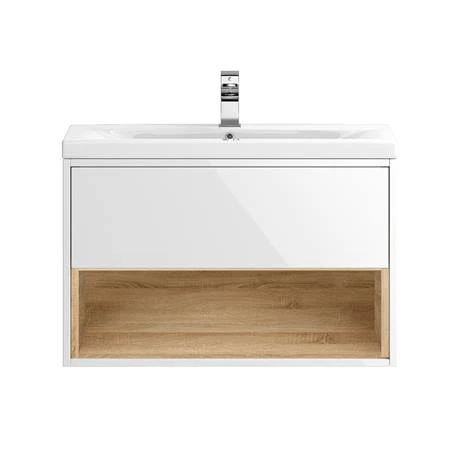 Haywood 800mm Gloss White / Natural Oak Wall Hung Vanity Unit with Open Shelf + Ceramic Basin 3 Haywood 800mm Gloss White / Natural Oak Wall Hung Vanity Unit with Open Shelf + Ceramic Basin - Image 3