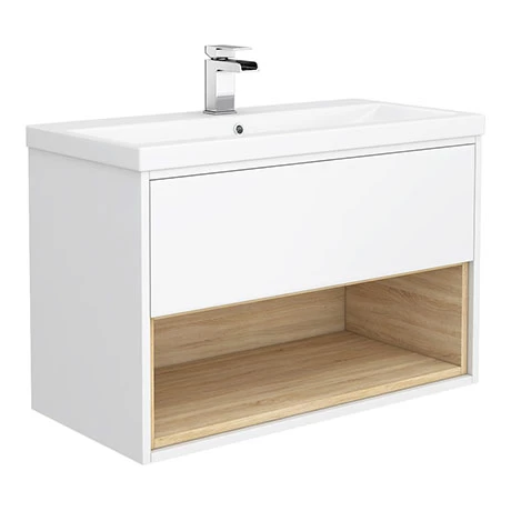 Haywood 800mm Gloss White / Natural Oak Wall Hung Vanity Unit with Open Shelf + Ceramic Basin 1 Haywood 800mm Gloss White / Natural Oak Wall Hung Vanity Unit with Open Shelf + Ceramic Basin