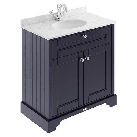 Old London 800mm Cabinet & Single Bowl Grey Marble Top - Twilight Blue 1 Old London 800mm Cabinet & Single Bowl Grey Marble Top - Twilight Blue