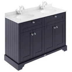 Old London 1200mm Cabinet & Double Bowl White Marble Top - Twilight Blue