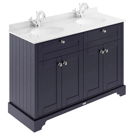 Old London 1200mm Cabinet & Double Bowl White Marble Top - Twilight Blue 1 Old London 1200mm Cabinet & Double Bowl White Marble Top - Twilight Blue