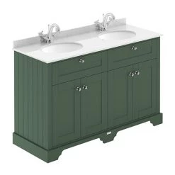 Old London 1200mm Cabinet & Double Bowl White Marble Top - Hunter Green