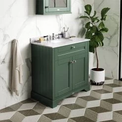 Old London 1000mm Cabinet & Single Bowl Grey Marble Top - Hunter Green -Vanity Units Sales Store LOF878 D2 460