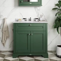 Old London 800mm Cabinet & Single Bowl White Marble Top - Hunter Green -Vanity Units Sales Store OLMT800HG d3 460