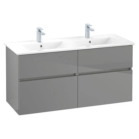 Villeroy and Boch V-Line Glossy Grey 1300mm Wall Hung 4-Drawer Double Vanity Unit 1 Villeroy and Boch V-Line Glossy Grey 1300mm Wall Hung 4-Drawer Double Vanity Unit