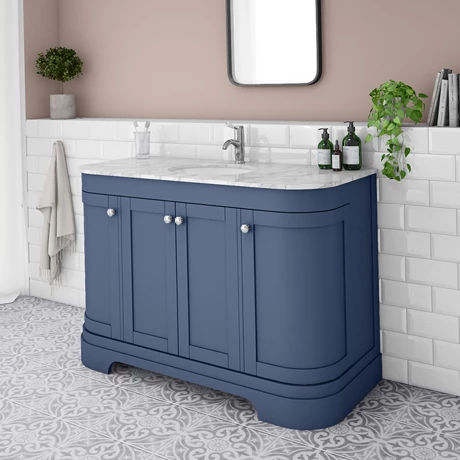 Period Bathroom Co. 1220mm Curved Vanity Unit with White Marble Basin Top - Cobalt Blue 1 Period Bathroom Co. 1220mm Curved Vanity Unit with White Marble Basin Top - Cobalt Blue