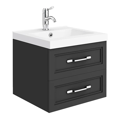 Period Bathroom Co. Wall Hung Vanity - Matt Black - 500mm 2 Drawer with Chrome Handles 1 Period Bathroom Co. Wall Hung Vanity - Matt Black - 500mm 2 Drawer with Chrome Handles