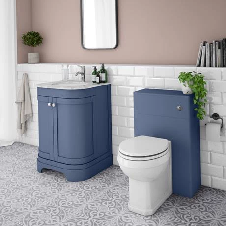 Period Bathroom Co. 620mm Curved Vanity Unit with White Marble Basin Top - Cobalt Blue 2 Period Bathroom Co. 620mm Curved Vanity Unit with White Marble Basin Top - Cobalt Blue - Image 2