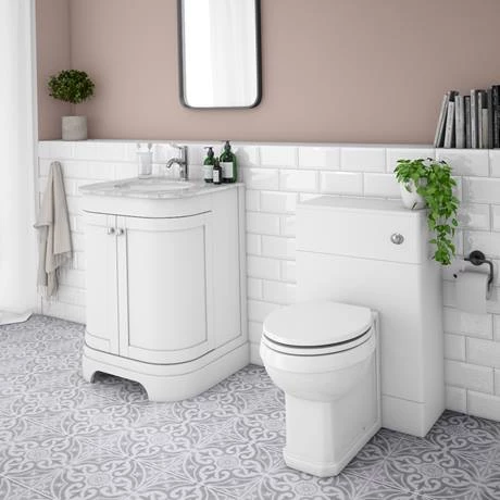 Period Bathroom Co. 620mm Curved Vanity Unit with White Marble Basin Top - White 2 Period Bathroom Co. 620mm Curved Vanity Unit with White Marble Basin Top - White - Image 2