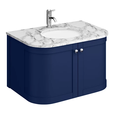 Period Bathroom Co. 820mm Curved Wall Hung Vanity with White Marble Basin Top - Cobalt Blue 1 Period Bathroom Co. 820mm Curved Wall Hung Vanity with White Marble Basin Top - Cobalt Blue