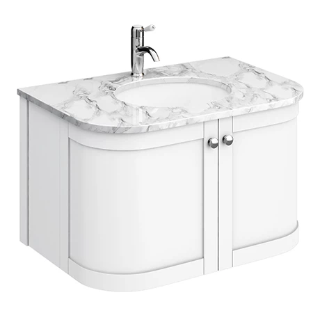 Period Bathroom Co. 820mm Curved Wall Hung Vanity with White Marble Basin Top - White 1 Period Bathroom Co. 820mm Curved Wall Hung Vanity with White Marble Basin Top - White