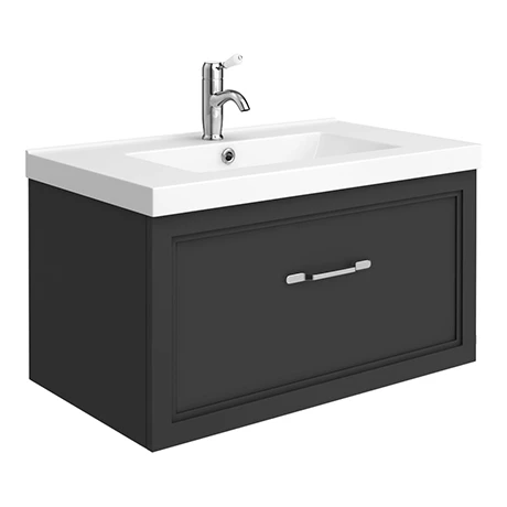 Period Bathroom Co. Wall Hung Vanity - Matt Black - 800mm 1 Drawer with Chrome Handle 1 Period Bathroom Co. Wall Hung Vanity - Matt Black - 800mm 1 Drawer with Chrome Handle