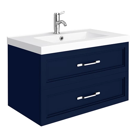 Period Bathroom Co. Wall Hung Vanity - Matt Blue - 800mm 2 Drawer with Chrome Handles 1 Period Bathroom Co. Wall Hung Vanity - Matt Blue - 800mm 2 Drawer with Chrome Handles